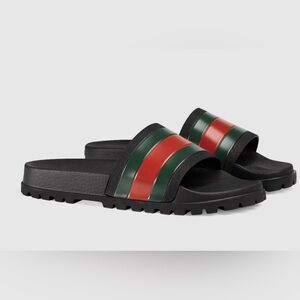 NWT Men’s Gucci Web Slide Sandals – Size 12 – Black Rubber | Made in Italy